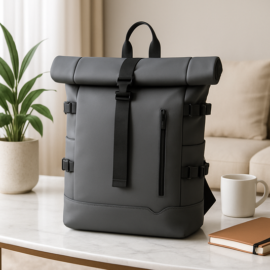 SAC A DOS VOYAGE ZenVoyage Roller gris sur table salon zen et plante