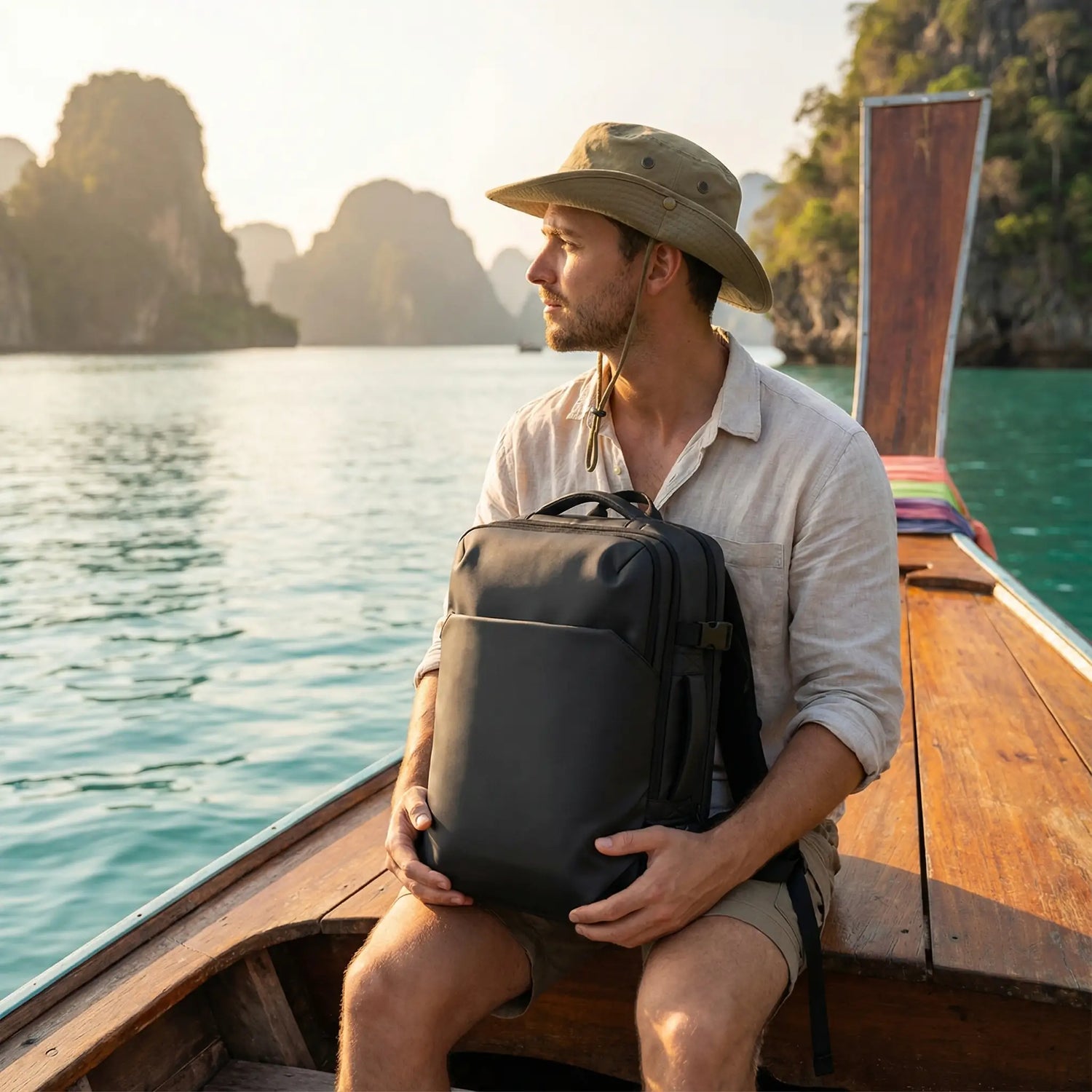 SAC A DOS VOYAGE noir porte par un homme assis sur un bateau en bois eau calme turquoise paysage naturel montagnes rocheuses ambiance aventure et voyage serein 