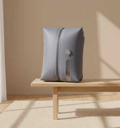 SAC COMPRESSION VOYAGE couleur gris avec fenetre sur banc