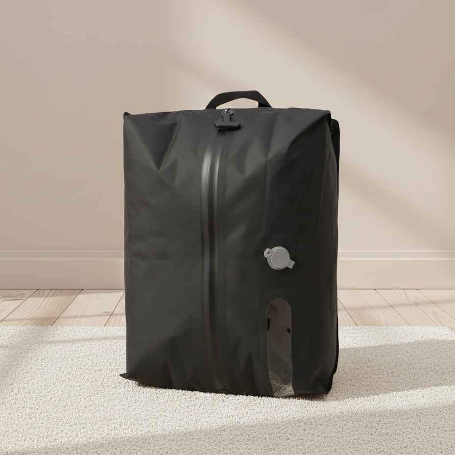 SAC COMPRESSION VOYAGE couleur noir avec fenetre dans decor zen