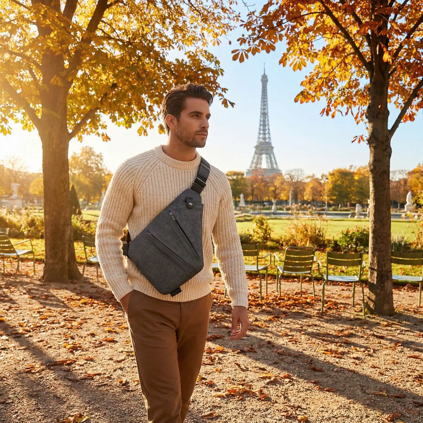 Homme en promenade à Paris, au jardin des Tuileries, avec un sac bandoulière antivol 