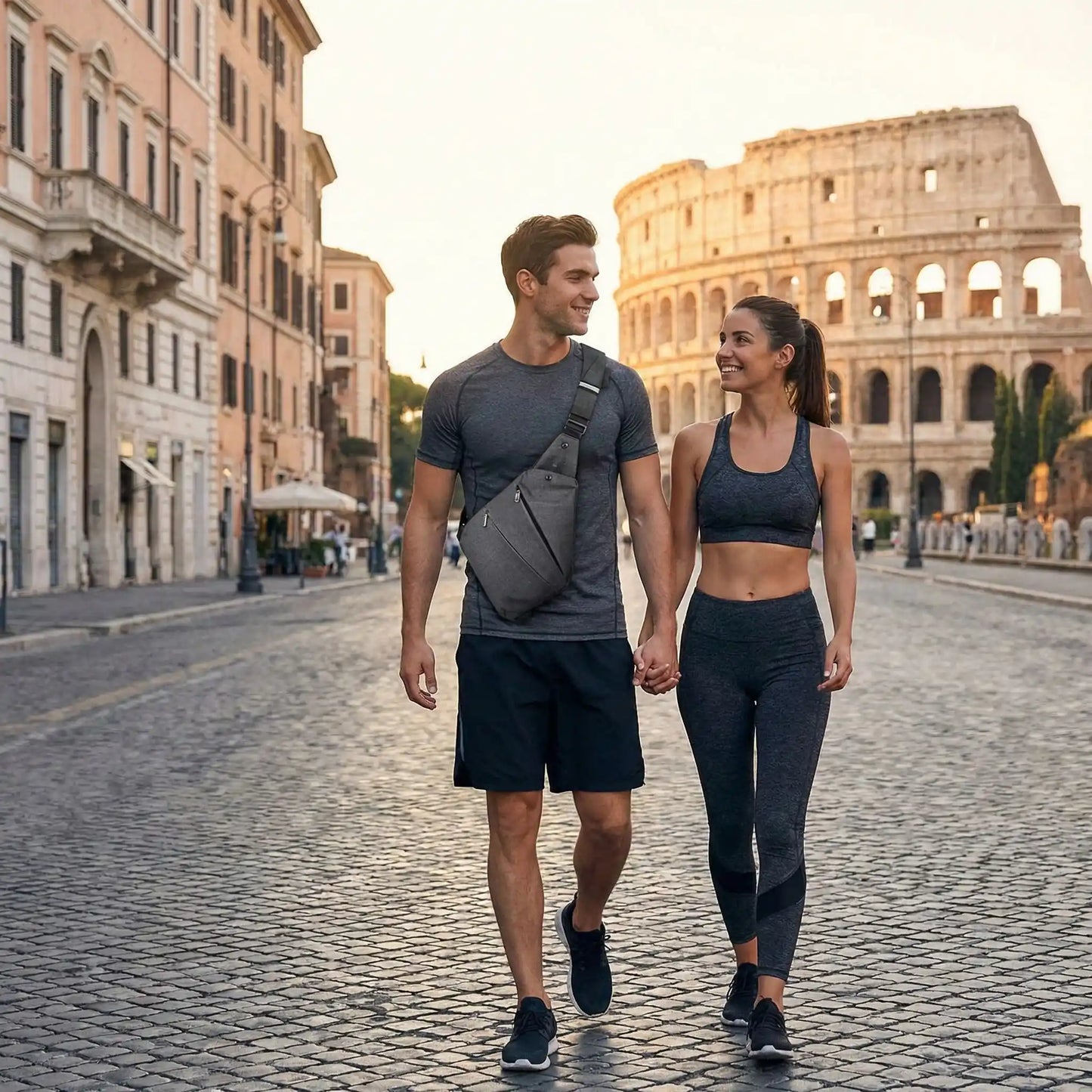 Sac bandoulière antivol porté par un homme en promenade romantique à Rome