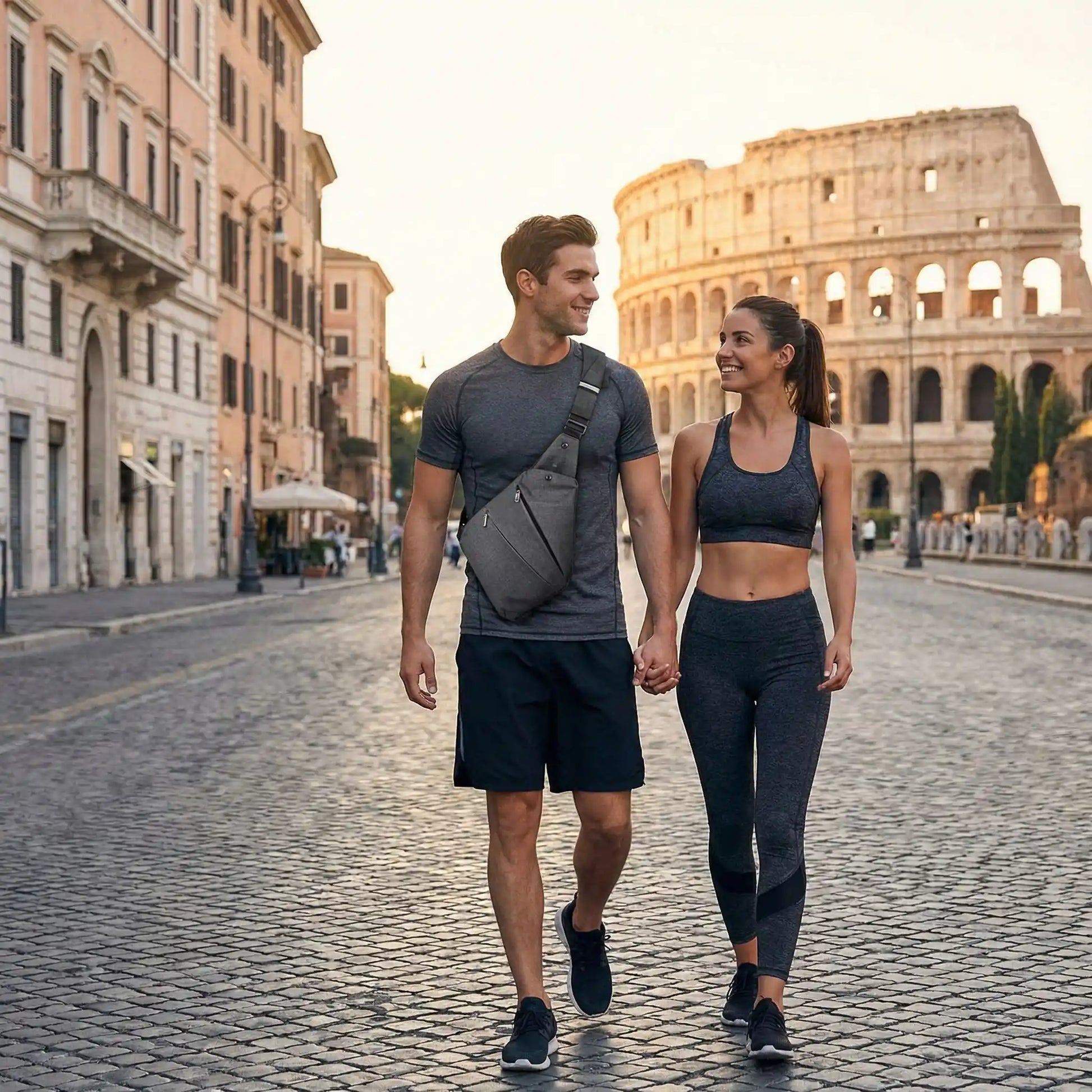 Sac bandoulière antivol porté par un homme en promenade romantique à Rome