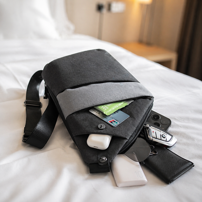 Sac à bandoulière posé sur un lit cosy aux tons noir et gris