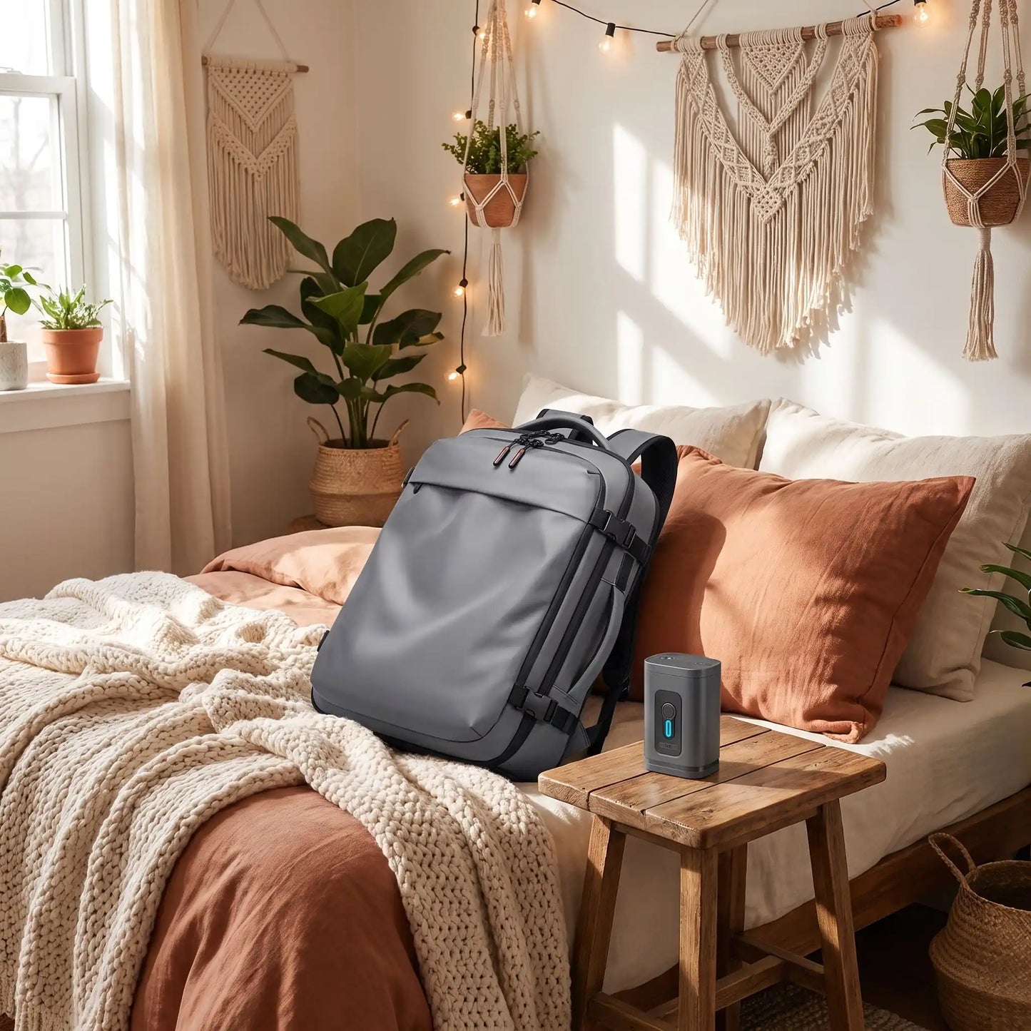 Sac à dos de voyage femme dans chambre
