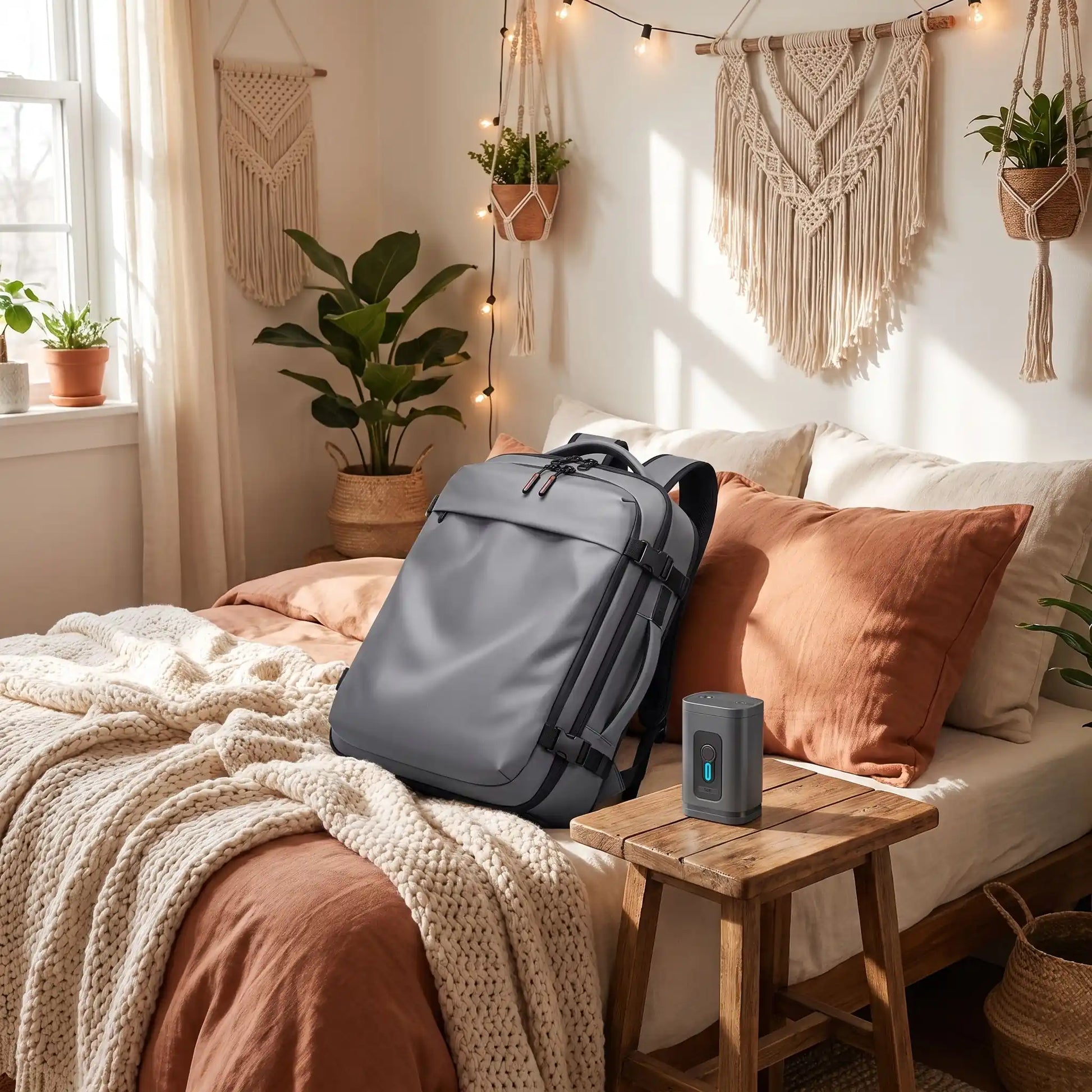 Sac à dos de voyage femme dans chambre