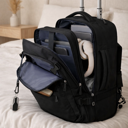 Sac à dos de voyage noir ouverture grand angle organisation interieure optimisee pour ordinateur accessoires et voyage cabine sur lit