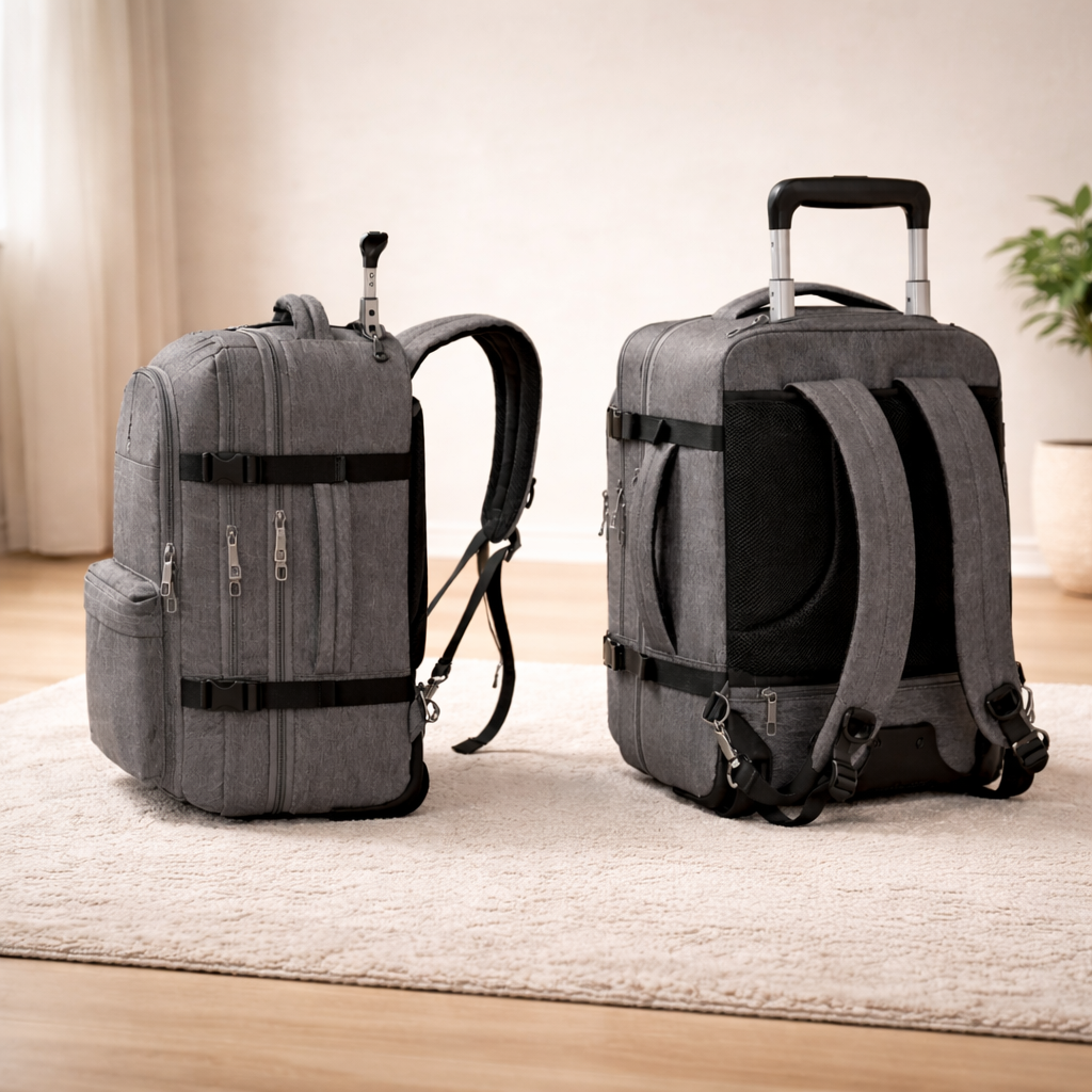 sac à dos de voyage présenté de face et de dos dans un intérieur calme lumière douce met en valeur le confort dorsal et la structure du sac