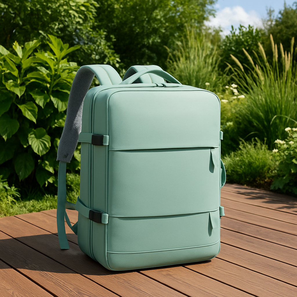 Sac à dos de voyage vert menthe posé sur une terrasse en bois, au design moderne et épuré, adapté aux déplacements et voyages.
