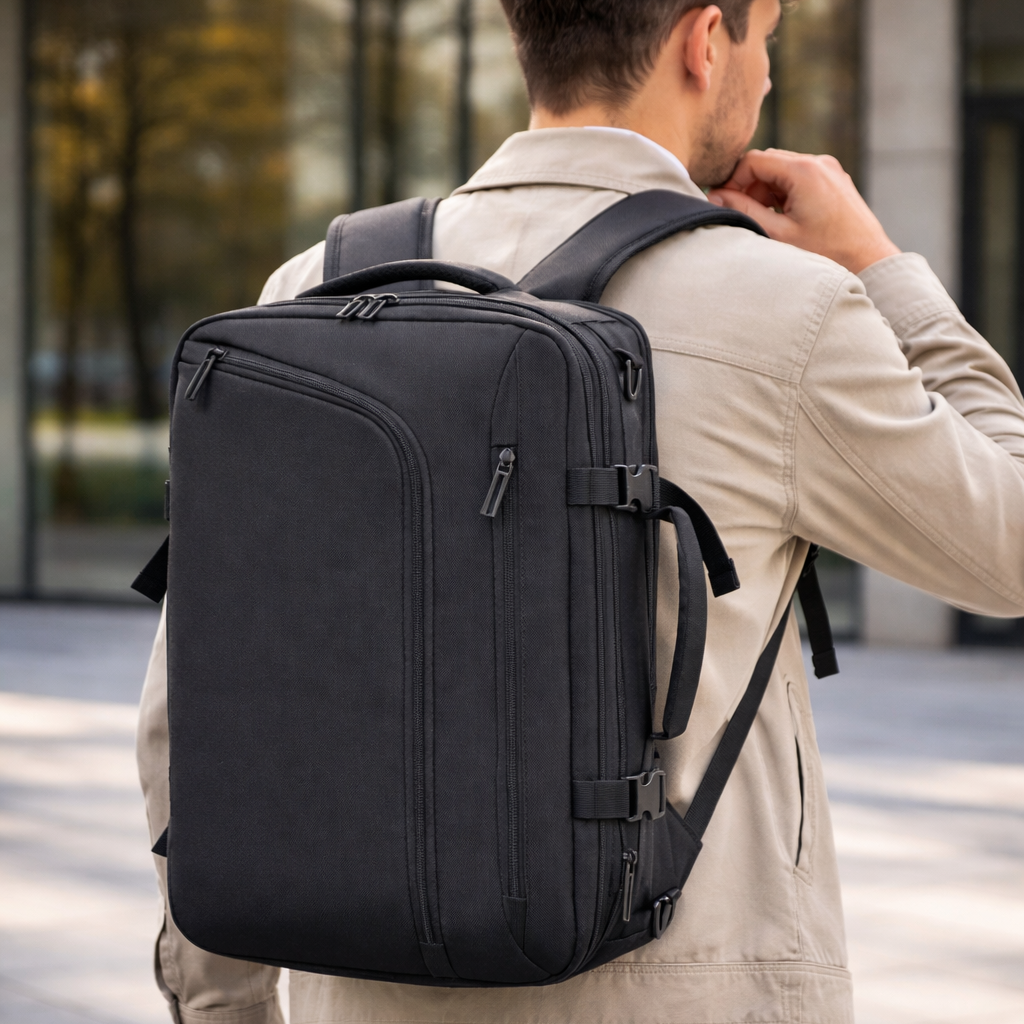 Homme de dos portant un sac à dos ordinateur portable ZenVoyage Business noir, design épuré et professionnel, en environnement urbain moderne.