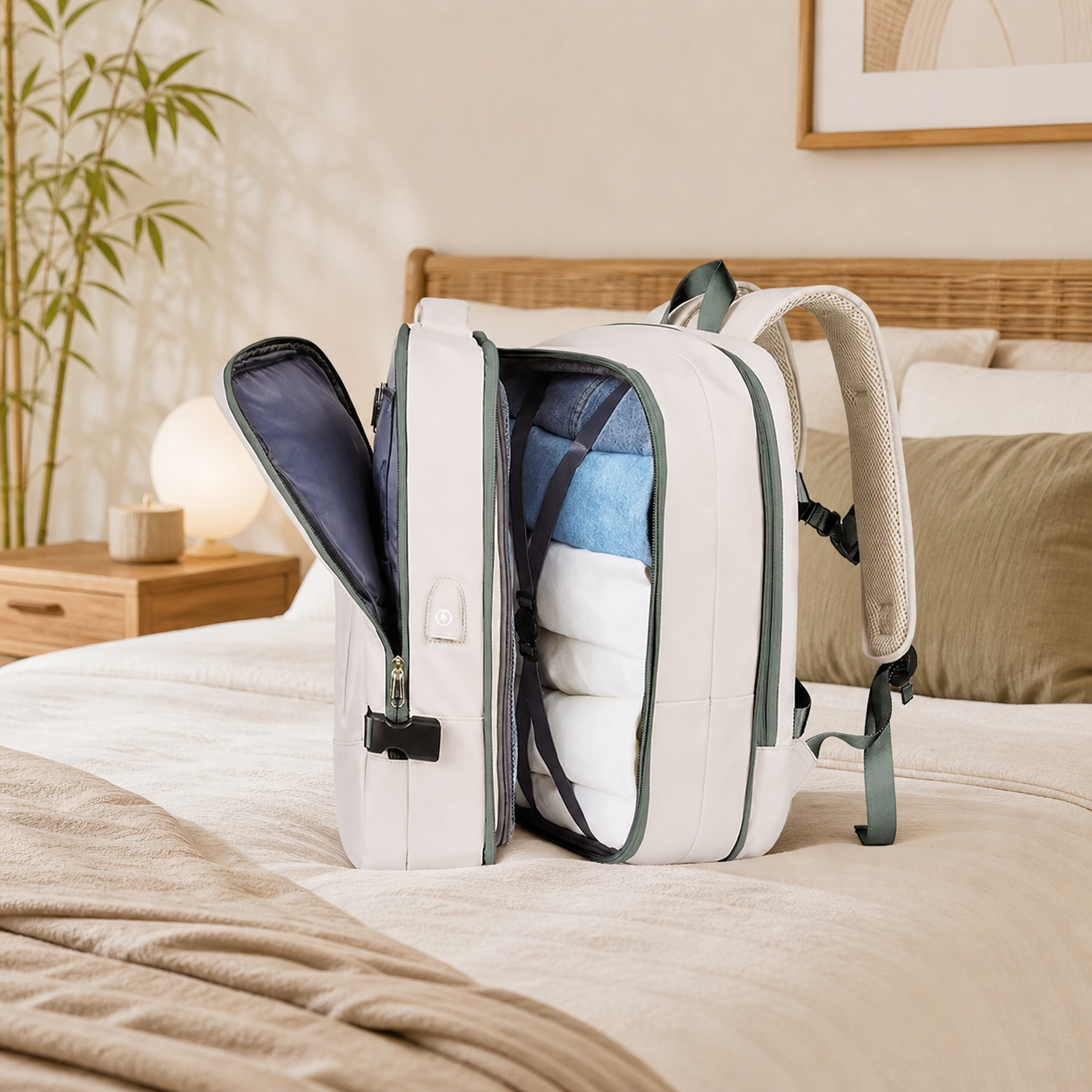 Sac à dos pour bagage cabine dans une chambre avec lit cosy