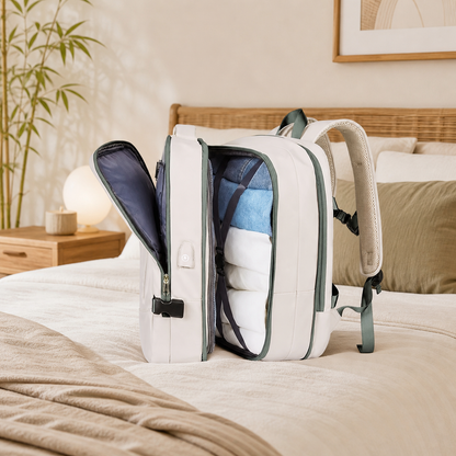 Sac à dos pour bagage cabine dans une chambre avec lit cosy