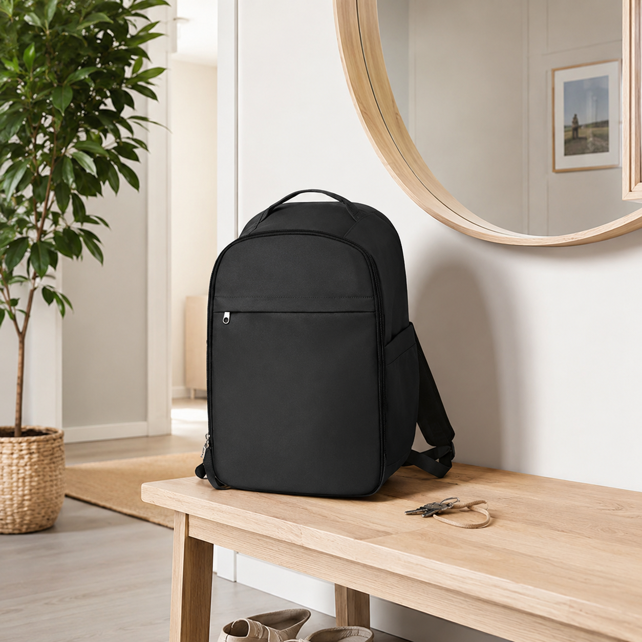 Sac à dos pour bagage cabine noir posé sur un banc en bois