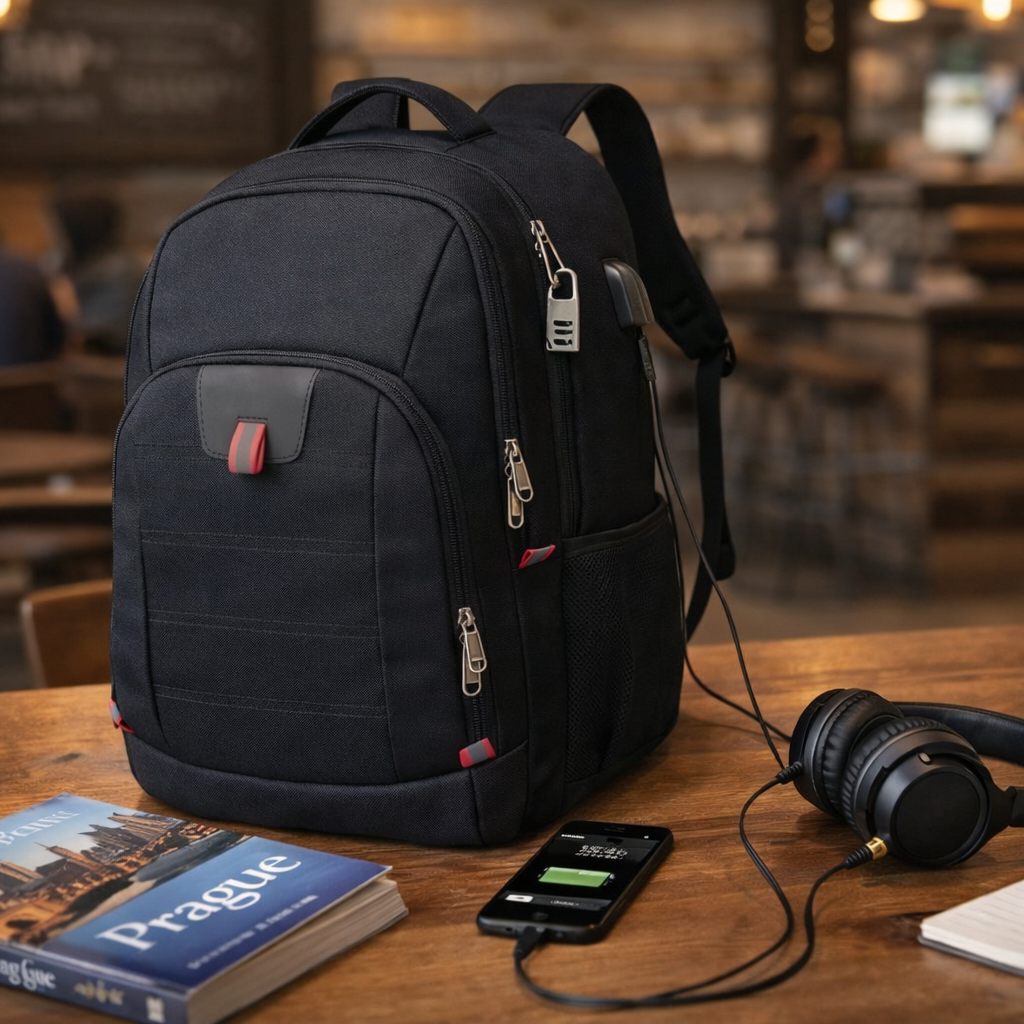 Sac à dos pour voyage parfait pour cabine avec smartphone et casque reliés à un support USB externe dans un café