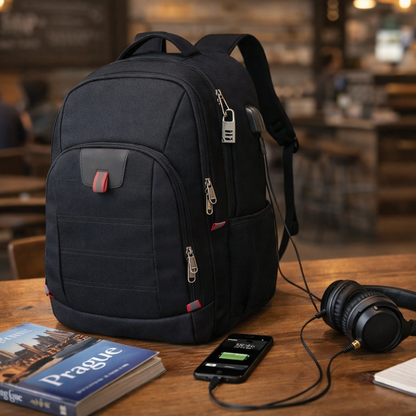 Sac à dos pour voyage parfait pour cabine avec smartphone et casque reliés à un support USB externe dans un café