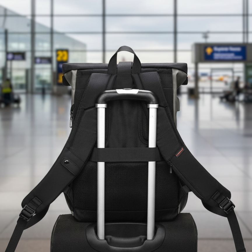 sac a dos voyage Rolltop noir sur valise aeroport