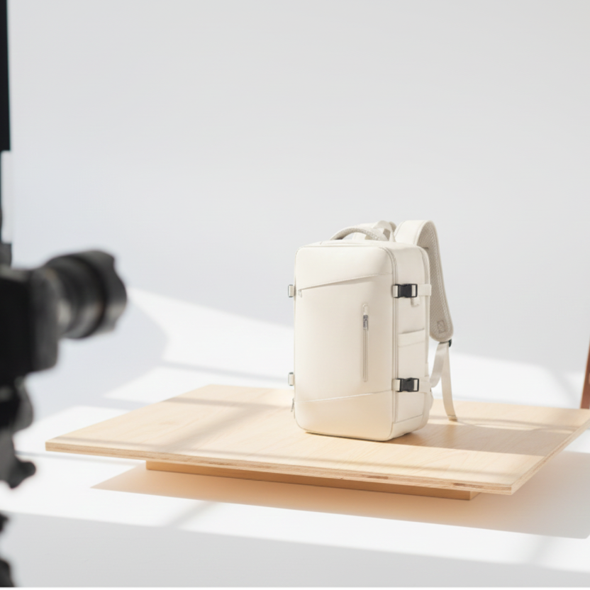 Sac a dos voyage blanc creme en seance photo