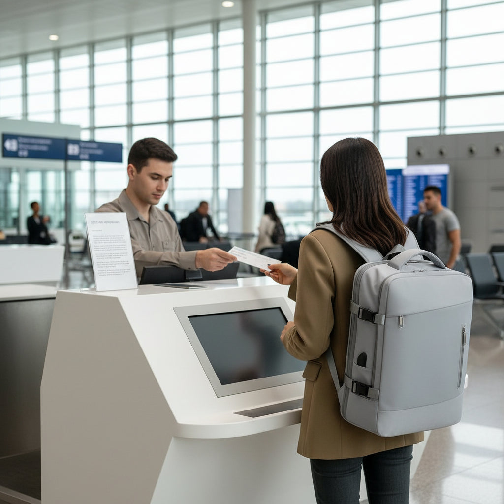 Sac a dos voyage cabine pratique et polyvalent gris jeune femme de dos preparation a embarquement avion