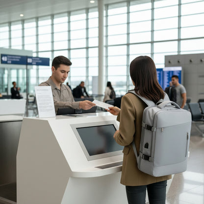 Sac a dos voyage cabine pratique et polyvalent gris jeune femme de dos preparation a embarquement avion