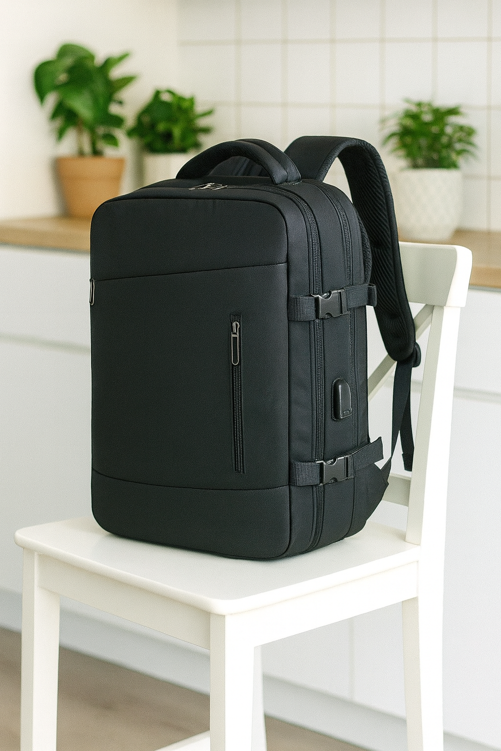 Sac a dos voyage cabine pratique et polyvalent noir sur chaise cuisine en bois blanche