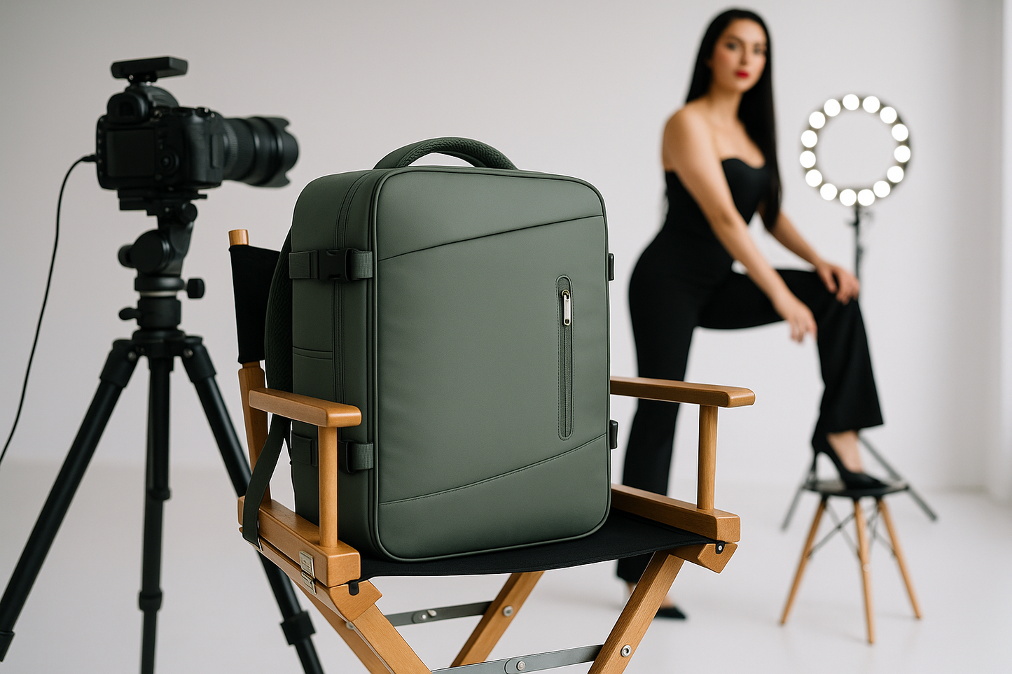 Sac a dos voyage cabine vert armee sur chaise style hollywood seance photo mannequin