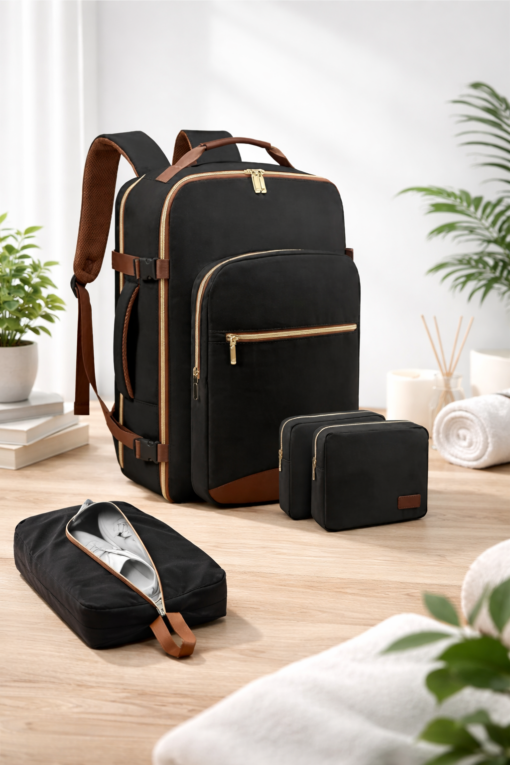 Sac a dos voyage noir design professionnel avec details marron poses sur une table en bois ambiance zen avec pochettes accessoires et pochette a chaussures