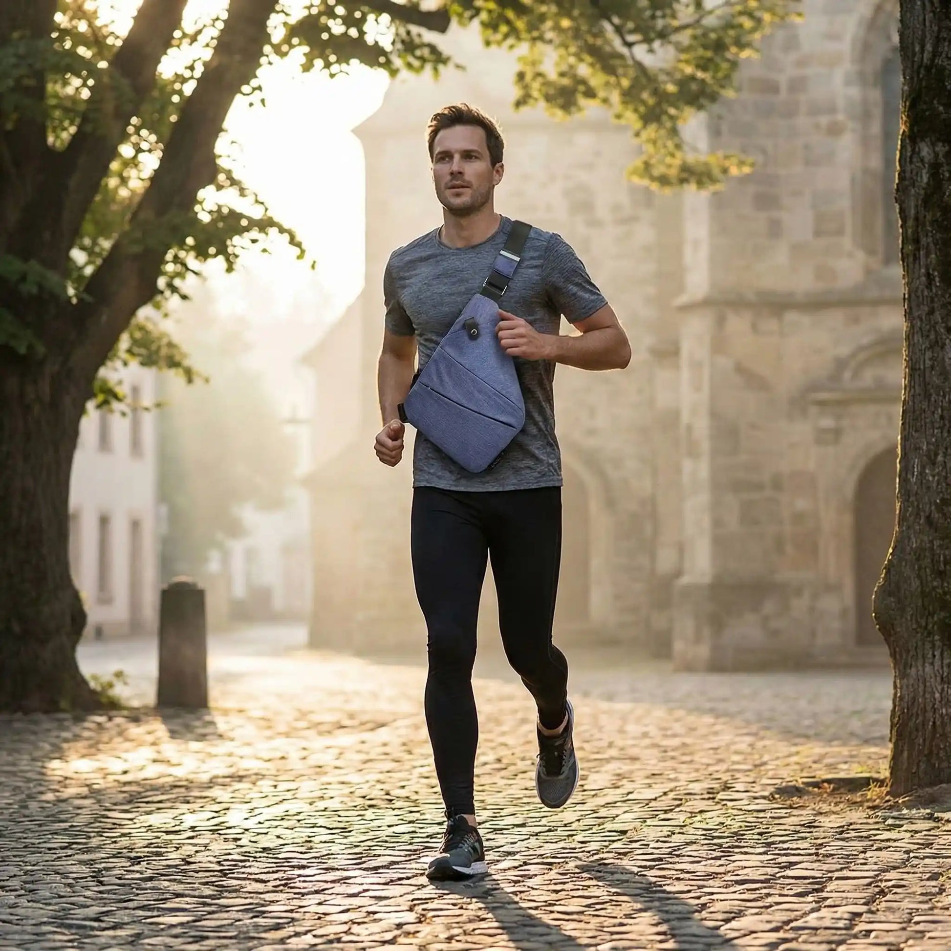 Sac bandoulière antivol porté par un homme en running 