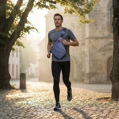 Sac bandoulière antivol porté par un homme en running 