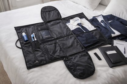 Sac de Voyage Homme 2 en 1 completement ouvert pret a l emploi costume passeport brosse a dents et autres objets