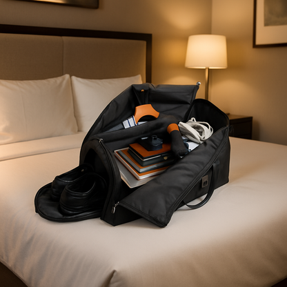 Sac de Voyage Homme 2 en 1 sur grand lit hotel costume protege