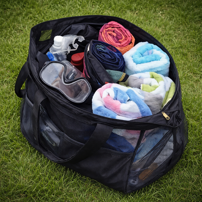 Sac de plage XXL sur herbe verte avec 5 serviettes