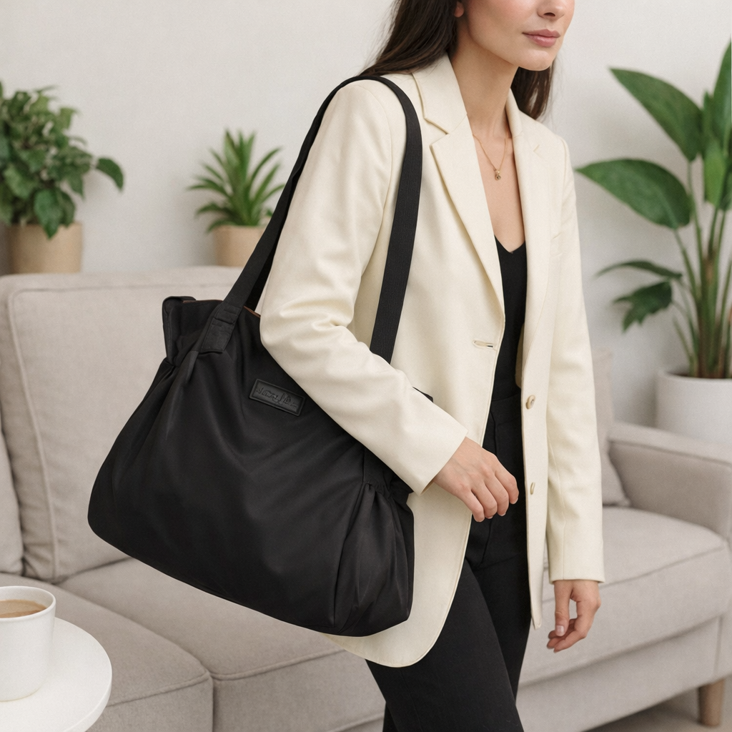 Sac de voyage femme noir minimaliste porté avec blazer, style élégant pour travail, voyage et déplacement