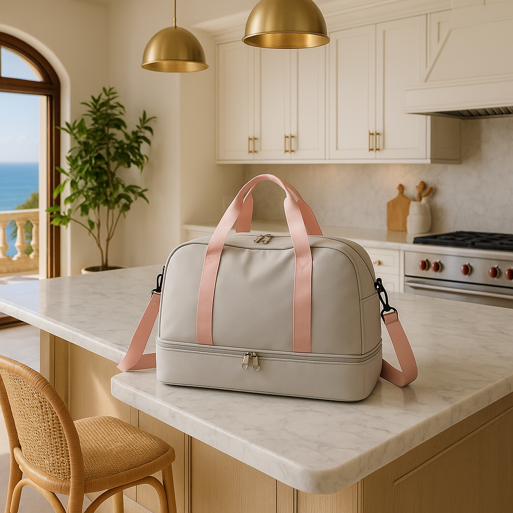 Sac de voyage gris pale comptoir cuisine fenetre vue mer