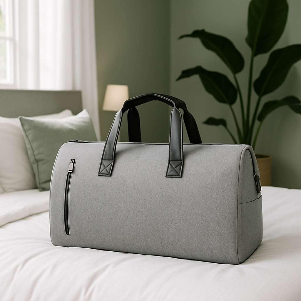 Sac de voyage gris sur lit blanc chambre couleur sauge