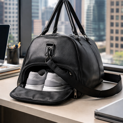 Sac de voyage homme pose sur bureau avec vue urbaine, modèle pratique pour déplacement professionnel