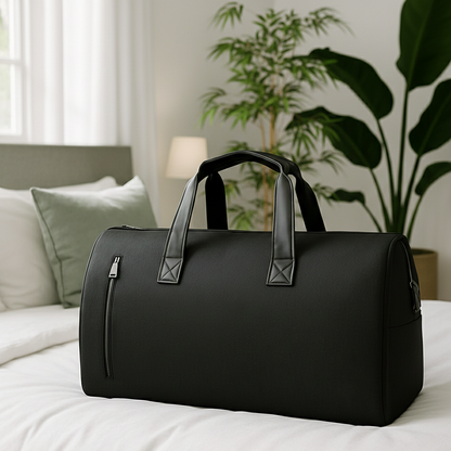 Sac de voyage noir sur lit blanc chambre deux grande