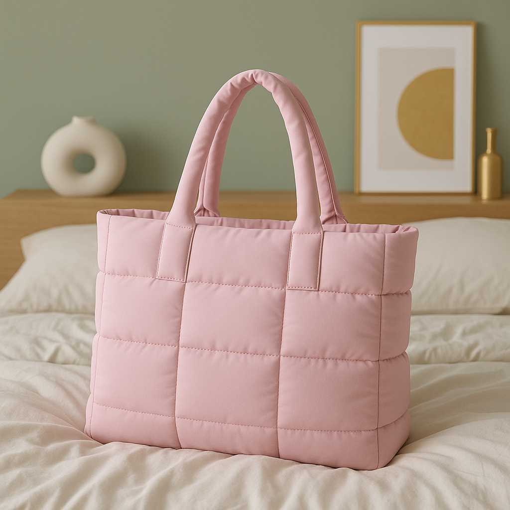 Sac de voyage pour cabine rose sur un lit decor zen