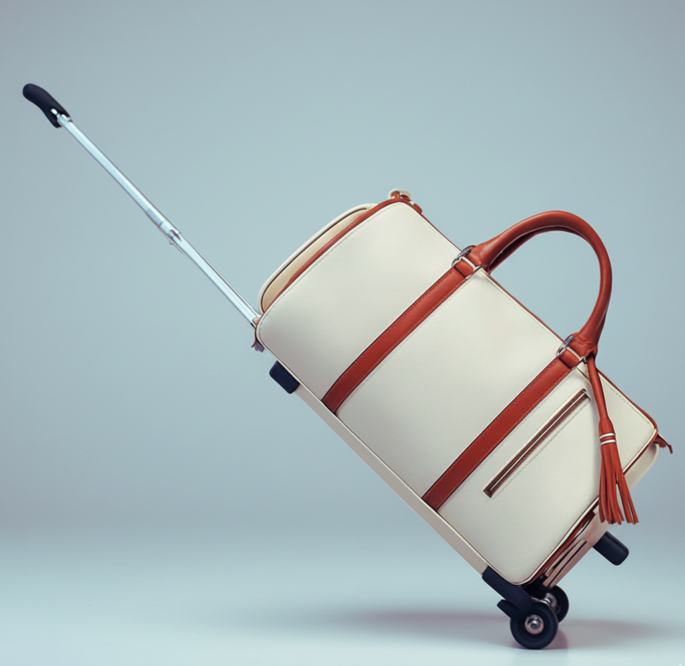 Sac de voyage roulette creme stylee avec poignee roues et pompon decoratif