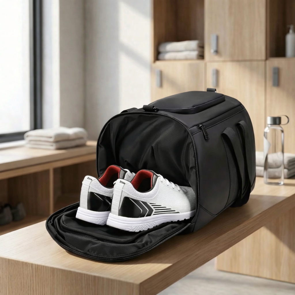 sac de voyages noir avec compartiment chaussures ouvert pose sur meuble en intérieur