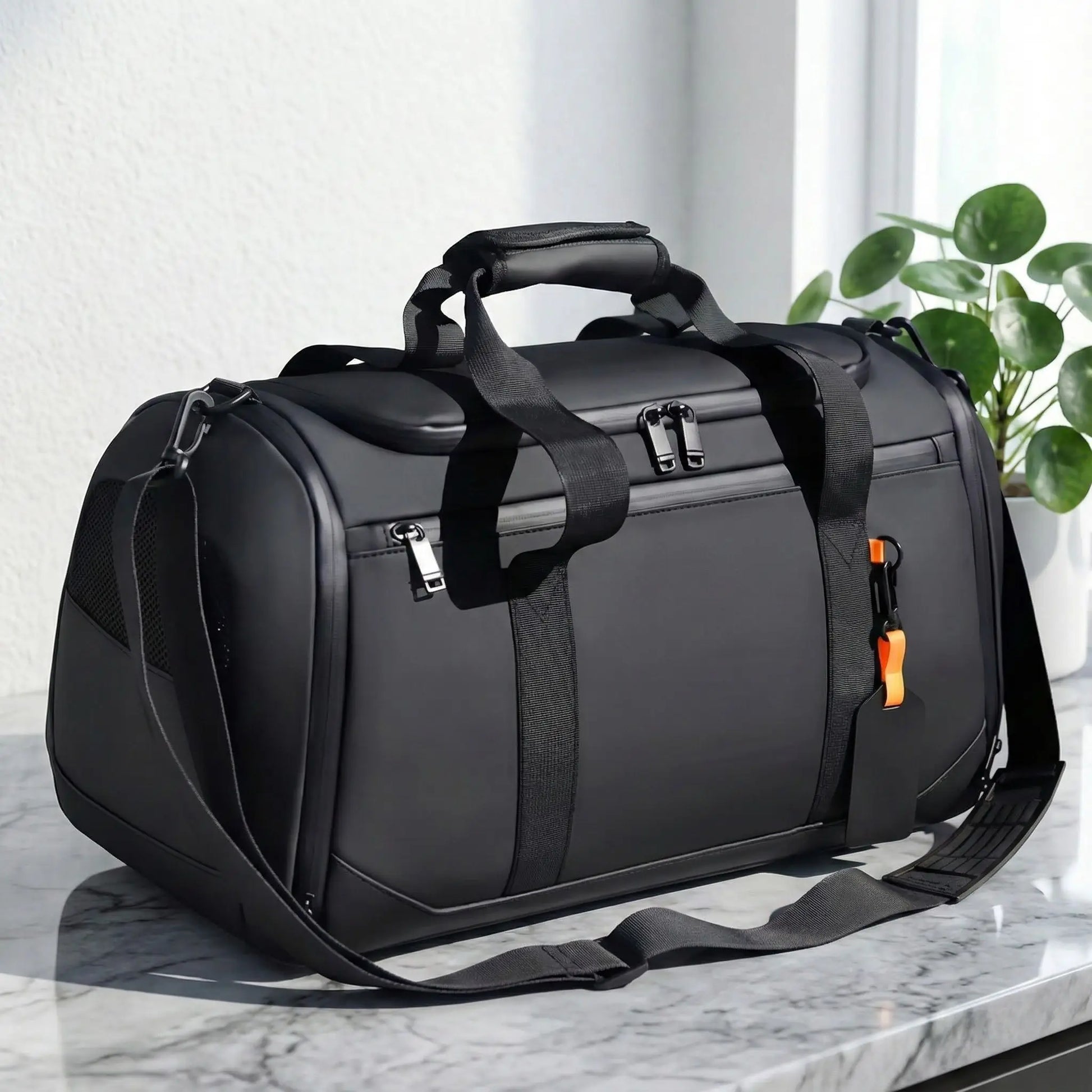 sac de voyages noir moderne avec bretelle et poignées pose sur surface claire en intérieur