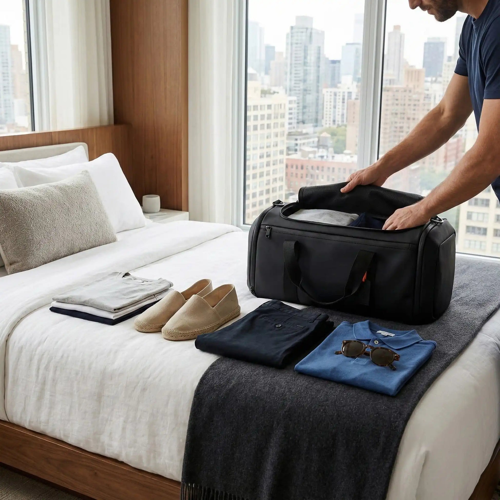 sac de voyages noir ouvert sur lit avec vêtements et chaussures dans chambre d hôtel moderne