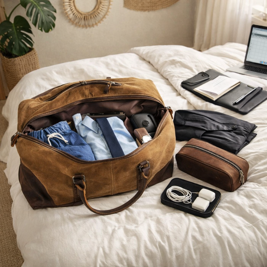 sac de weekend élégant en toile cirée camel ouvert sur un lit montrant une organisation intérieure idéale pour un séjour de 48h