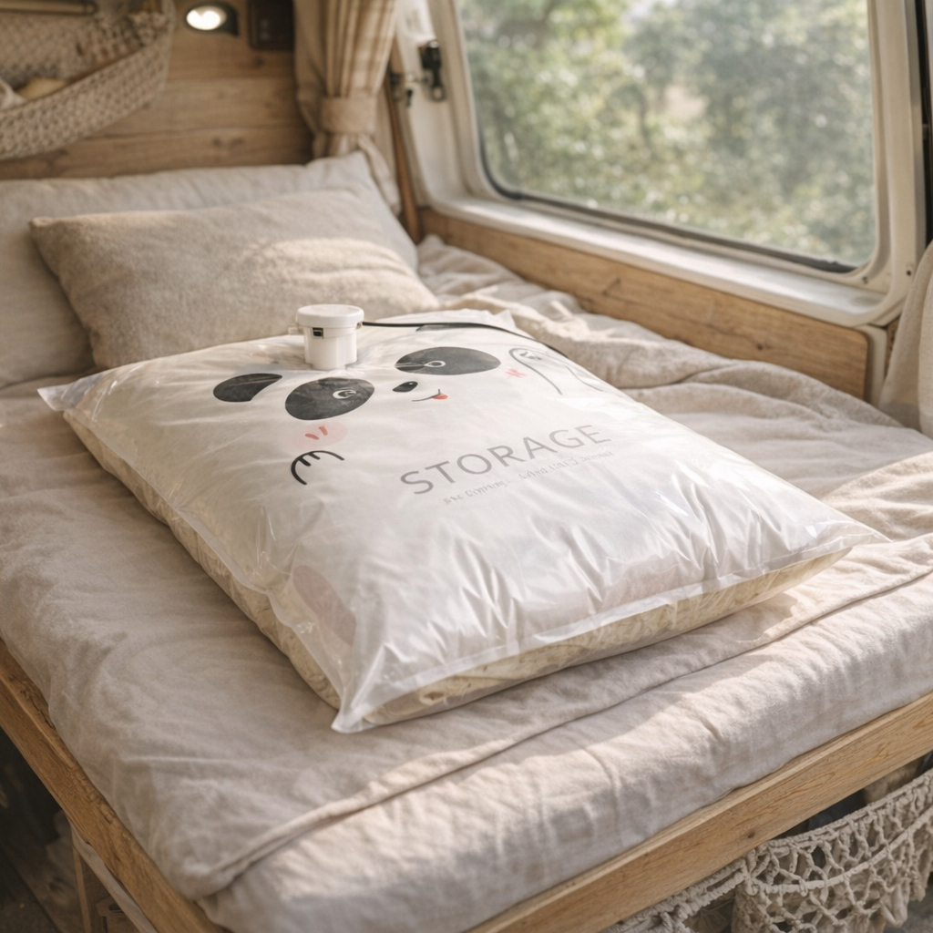 Sac rangement sous vide Zen Camping Fraicheur Plus sur lit de vanlife ou van aménagée décore style bohème
