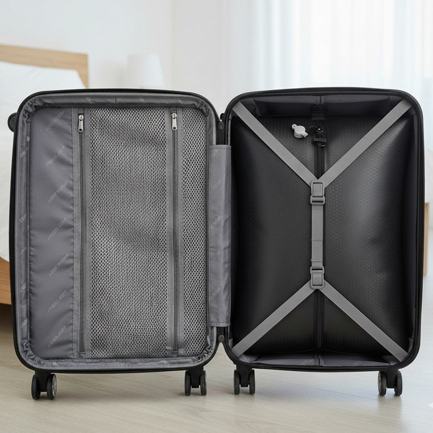 sac sous vide de voyage dans valise cabine ouverte, intérieur organisé avec sangles et filet zippé, optimisation maximale de l’espace pour voyager léger