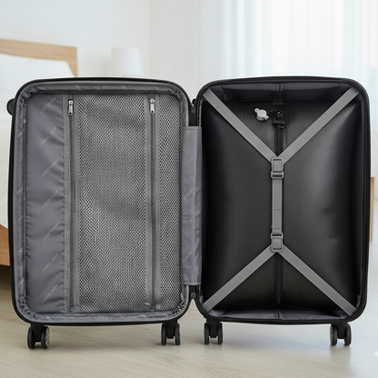 sac sous vide de voyage dans valise cabine ouverte, intérieur organisé avec sangles et filet zippé, optimisation maximale de l’espace pour voyager léger