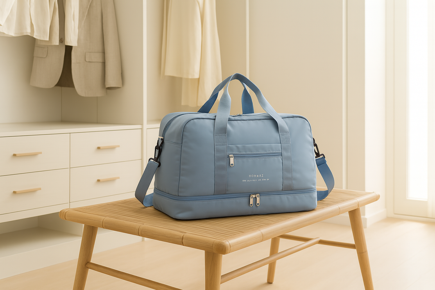 Sac voyage bleu sur banc bois lumiere jour