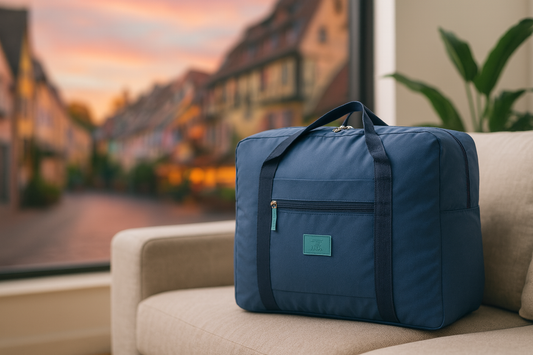 Sac voyage bleu sur canape decor rue coloree coucher soleil