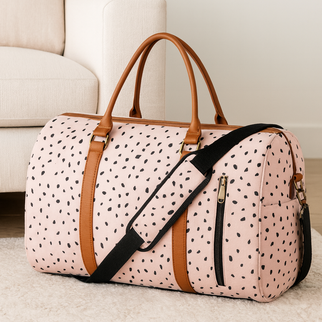 Sac de voyage femme Zen Essentiel rose pâle à taches noires, posé sur un tapis de salon blanc et beige