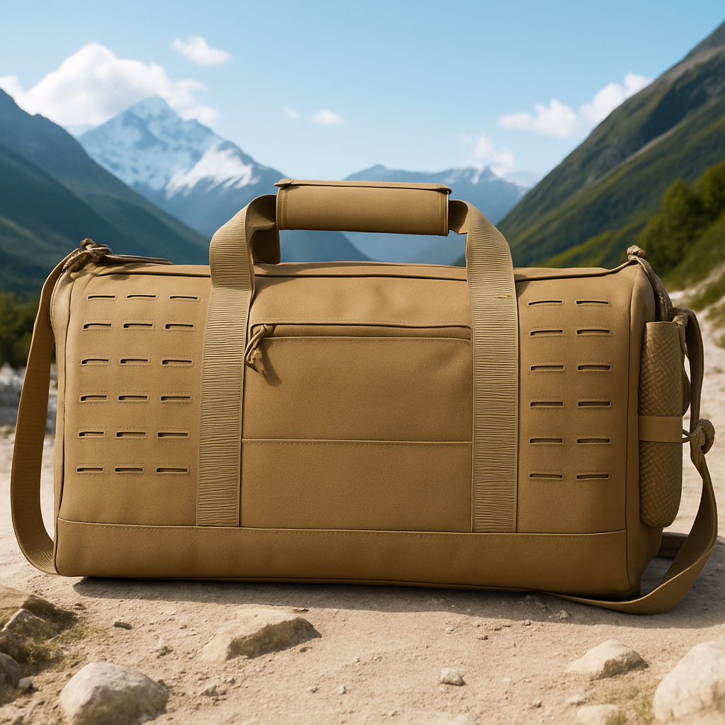Sac voyage khaki sur sentier vue montage
