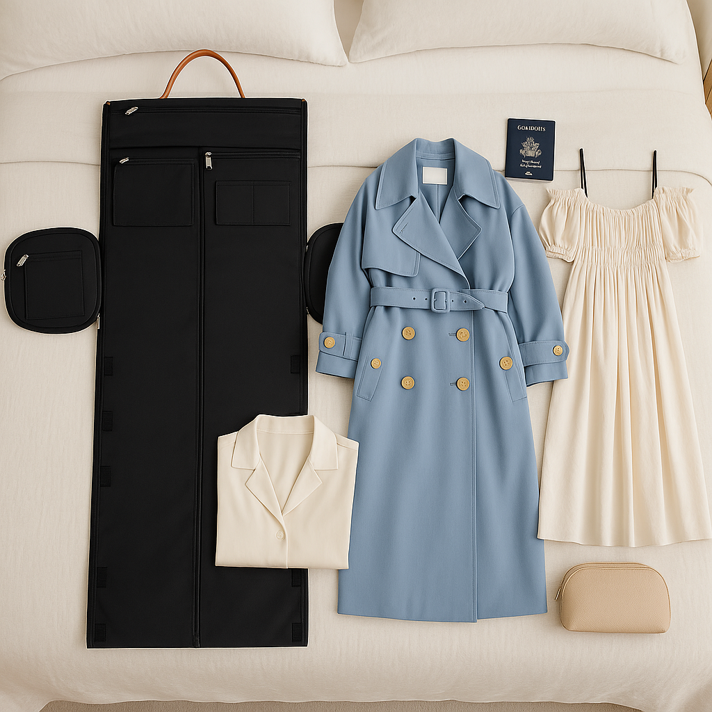 sac voyage ouvert en housse à vêtement pour la préparation, avec manteau bleu ciel, robe légère beige, chemisier soigneusement plié et trousse de maquillage, le tout posé sur un lit cosy pour illustrer un départ organisé et élégant